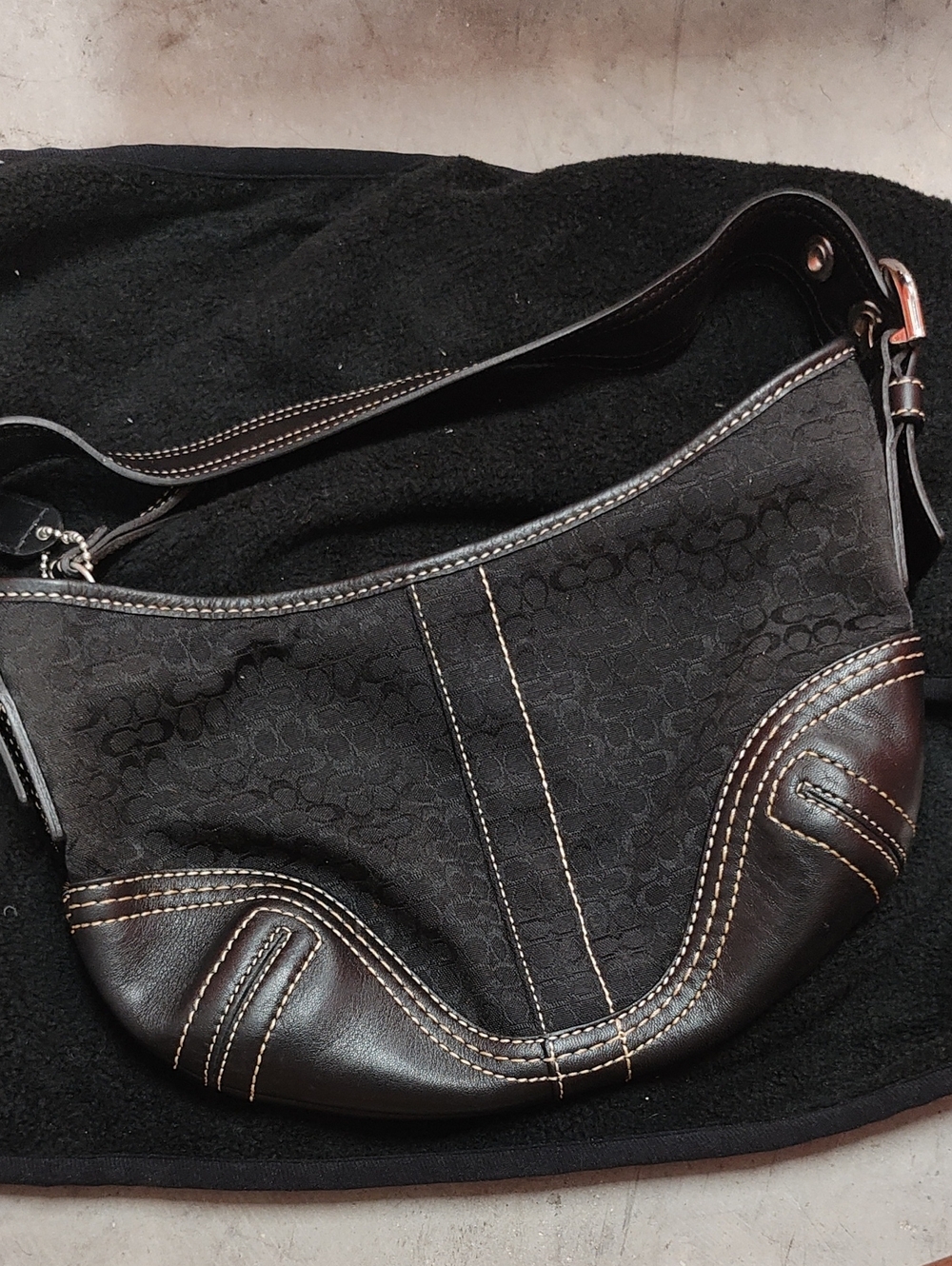 Vintage Coach Black Canvas Shoulder Bag with Brown Leather Trim